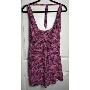 Lands End Womens Swim Dress XL Striped Palm Pink Nylon Spandex UPF‎ 50+ Built-In